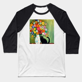 Still Life Painting with Black Cat and Flowers in a White Vase Baseball T-Shirt